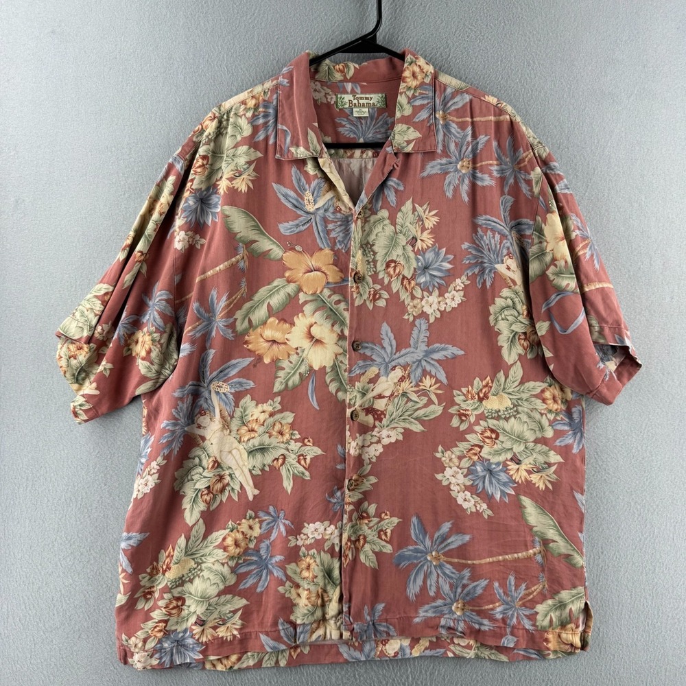 Vintage Tommy Bahama Shirt Mens XL Pink Silk Hawaiian Aloha Loop Collar